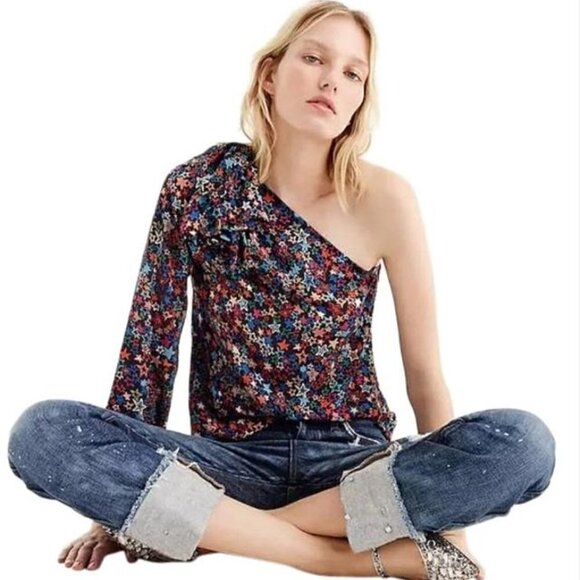 J. Crew Black Kaleidoscope Star Print One Shoulder Long Sleeve Blouse 6 - Picture 1 of 8